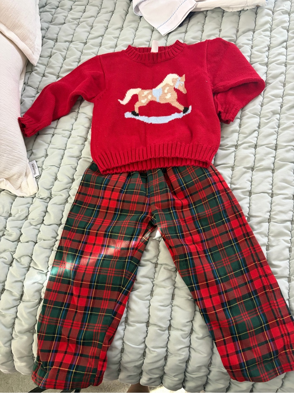 Kids Red Rocking Horse Sweater and Plaid Pants Set